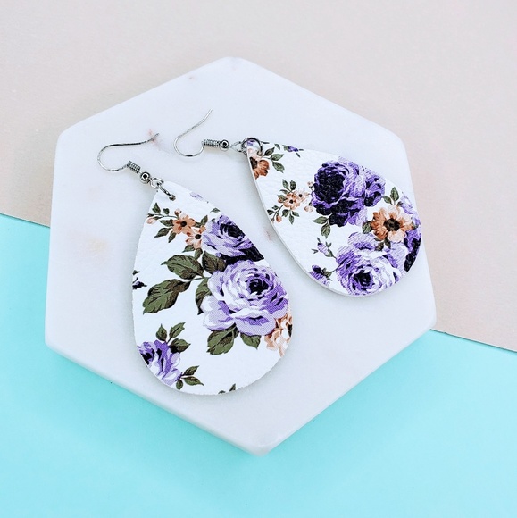 Purple Flower Print Leather Leaf Earrings - Picture 4 of 4